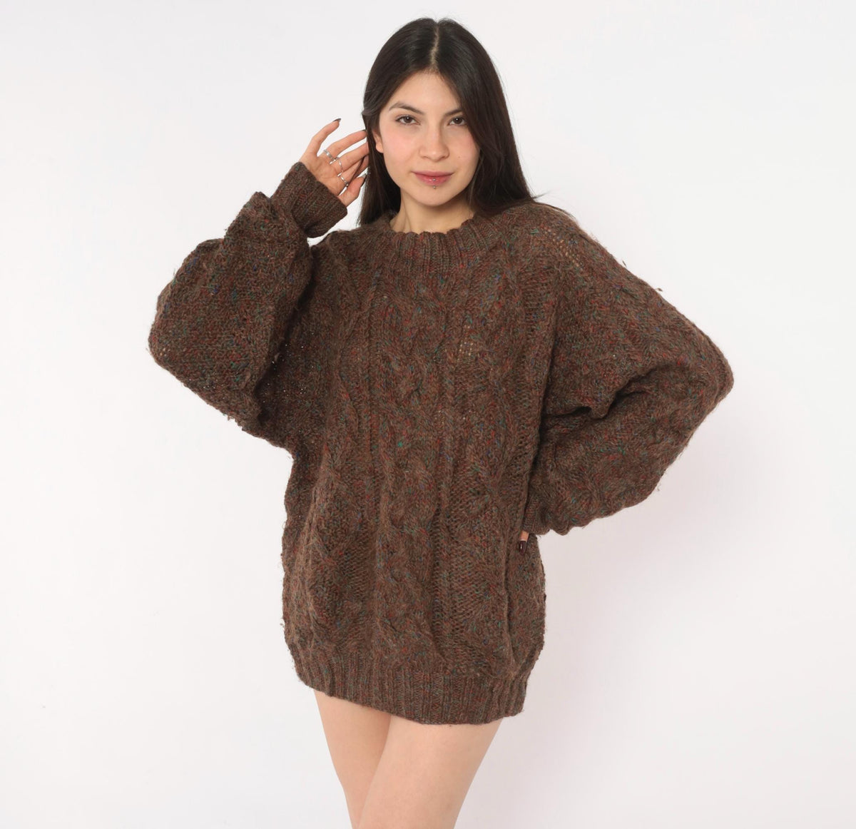 Tommy Hilfiger 90s Cable Knit Wool Sweater Brown Speckled Large