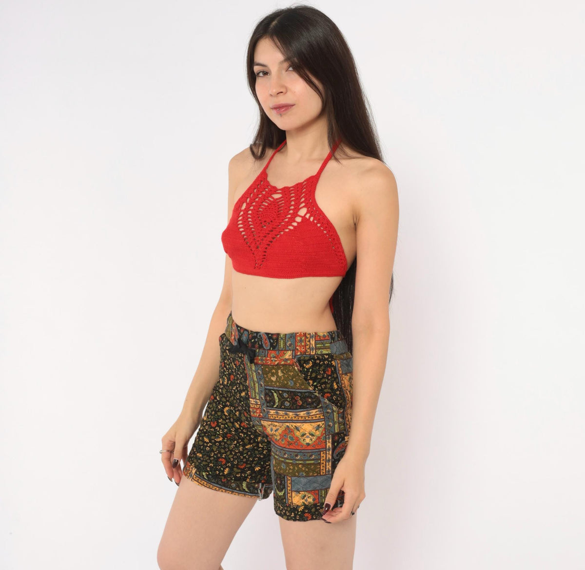 90s Patchwork Floral Shorts Black Paisley Quilted High Rise Small