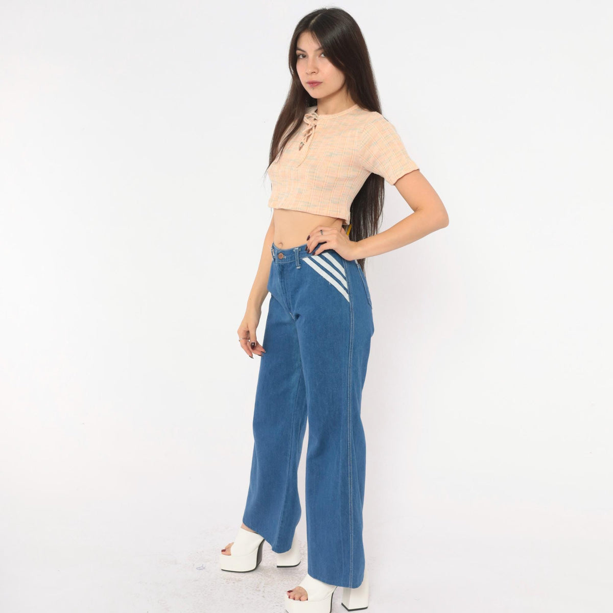 70s Viceroy Sportswear Bell Bottom Jeans Blue Denim White Stripe Medium