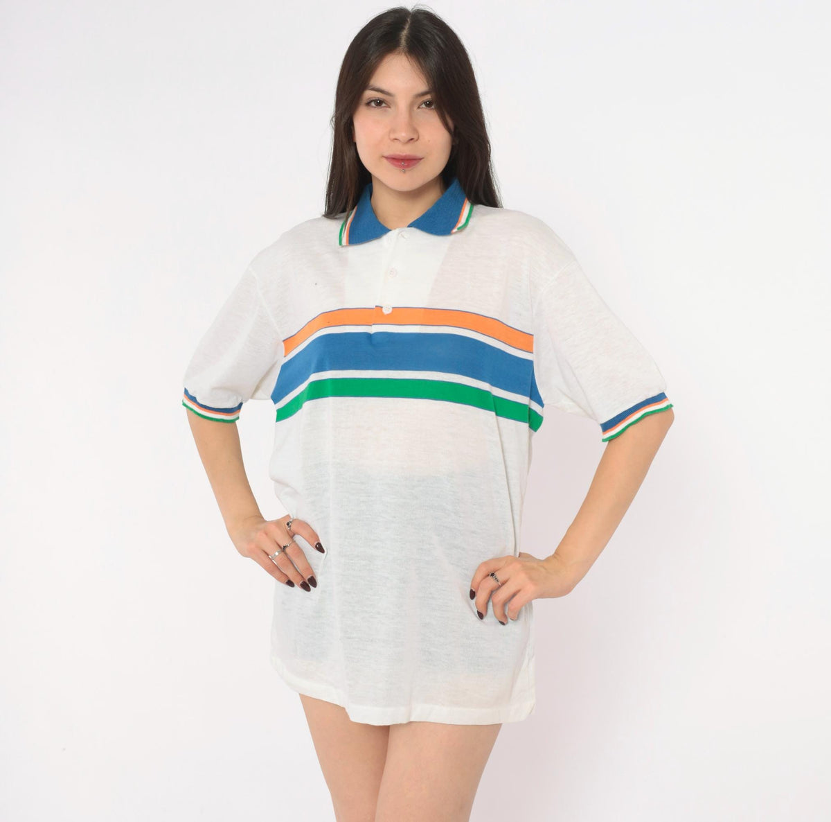 80s Robert Bruce Striped Polo Shirt White Blue Orange Green Extra Large