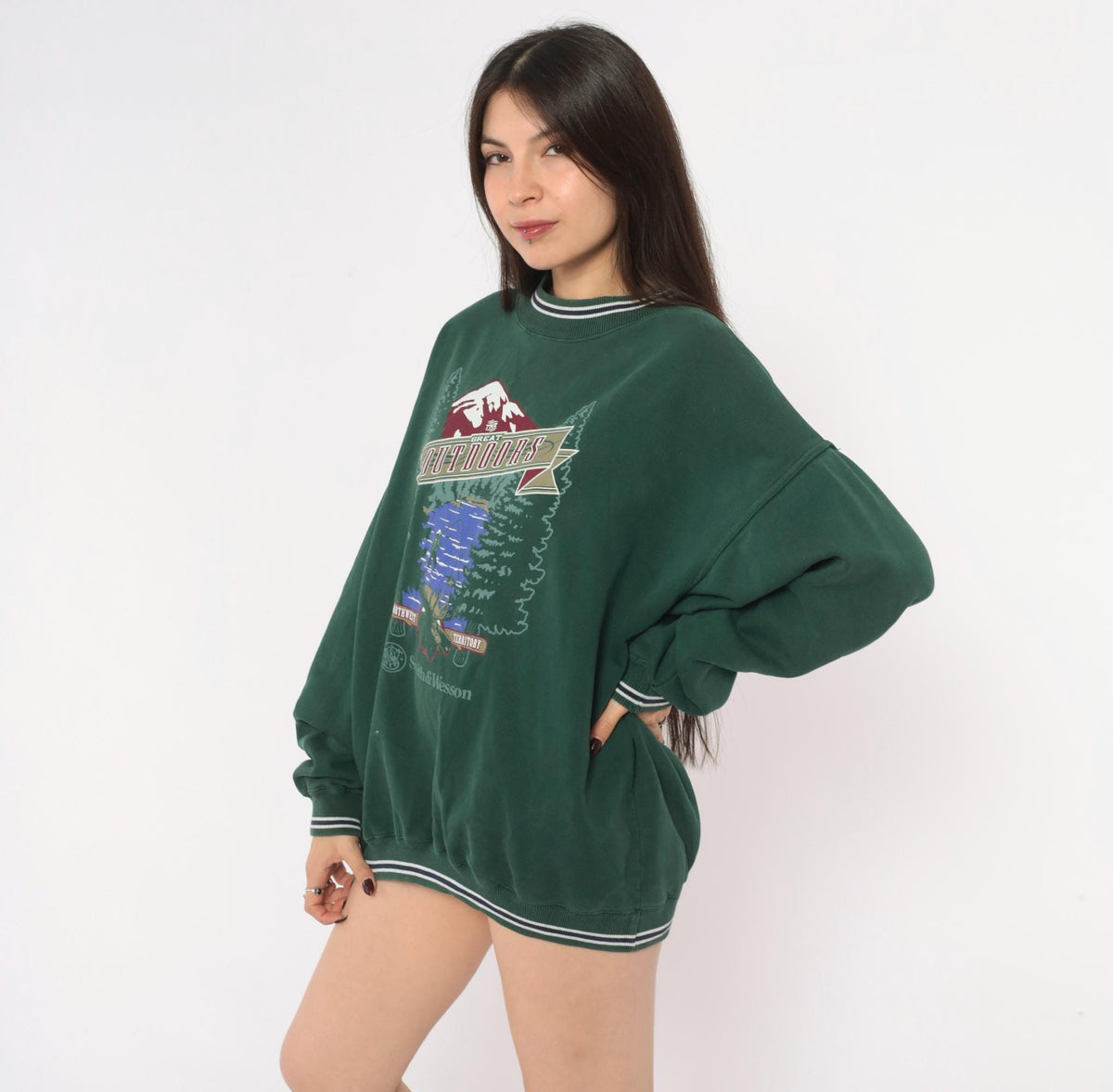 90s Gear for Sports Forest Green Graphic Sweatshirt Moose Mountain Large L