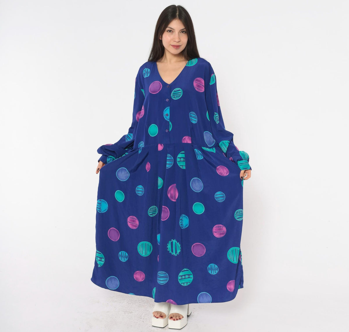 90s Stephanie Thomas Circle Print Dress Purple Blue Plus Size XXL