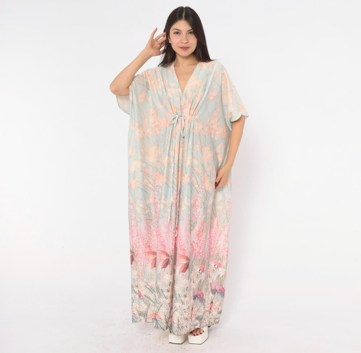 70s T.V. Sangers Crane Bird Caftan Maxi Dress Blue Pink Floral Large