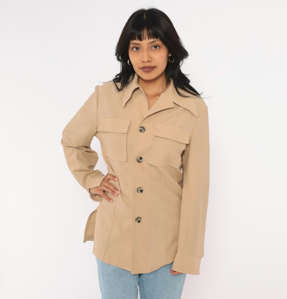 70s Haband Beige Button Front Jacket Pointed Collar Utility Shacket Medium M