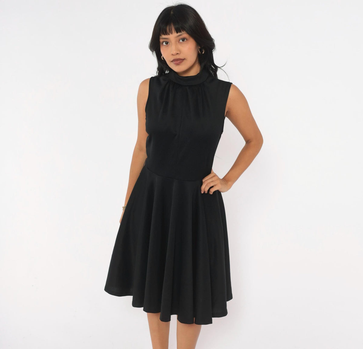 70s Black Mock Neck Sleeveless Dress Circle Skirt Knee Length Medium M