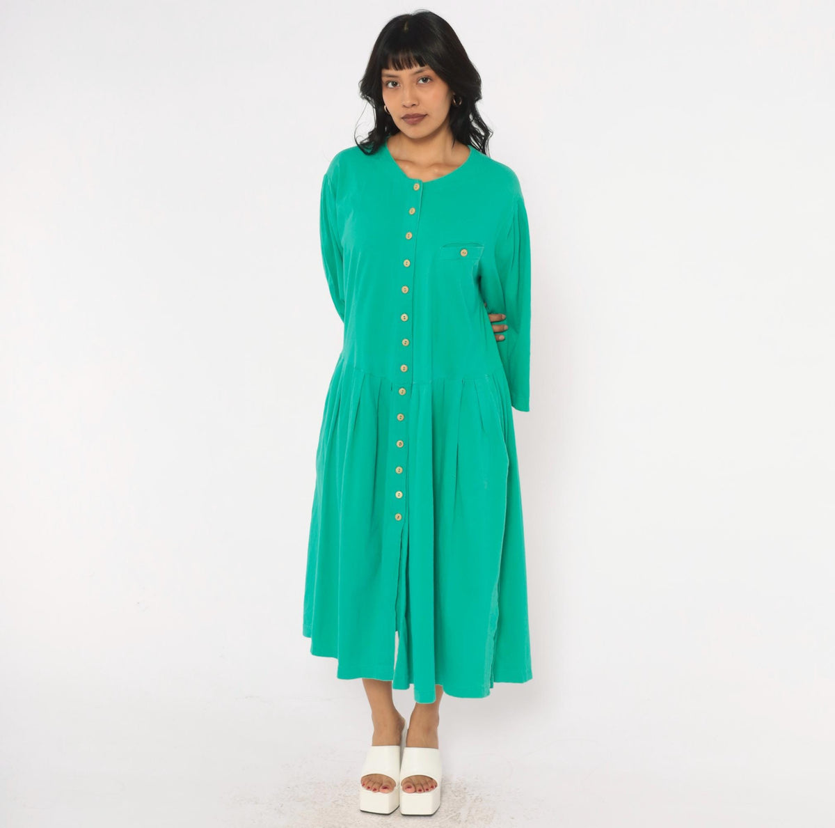 80s Louis London Green Cotton Midi Dress Button Front Drop Waist Extra Large