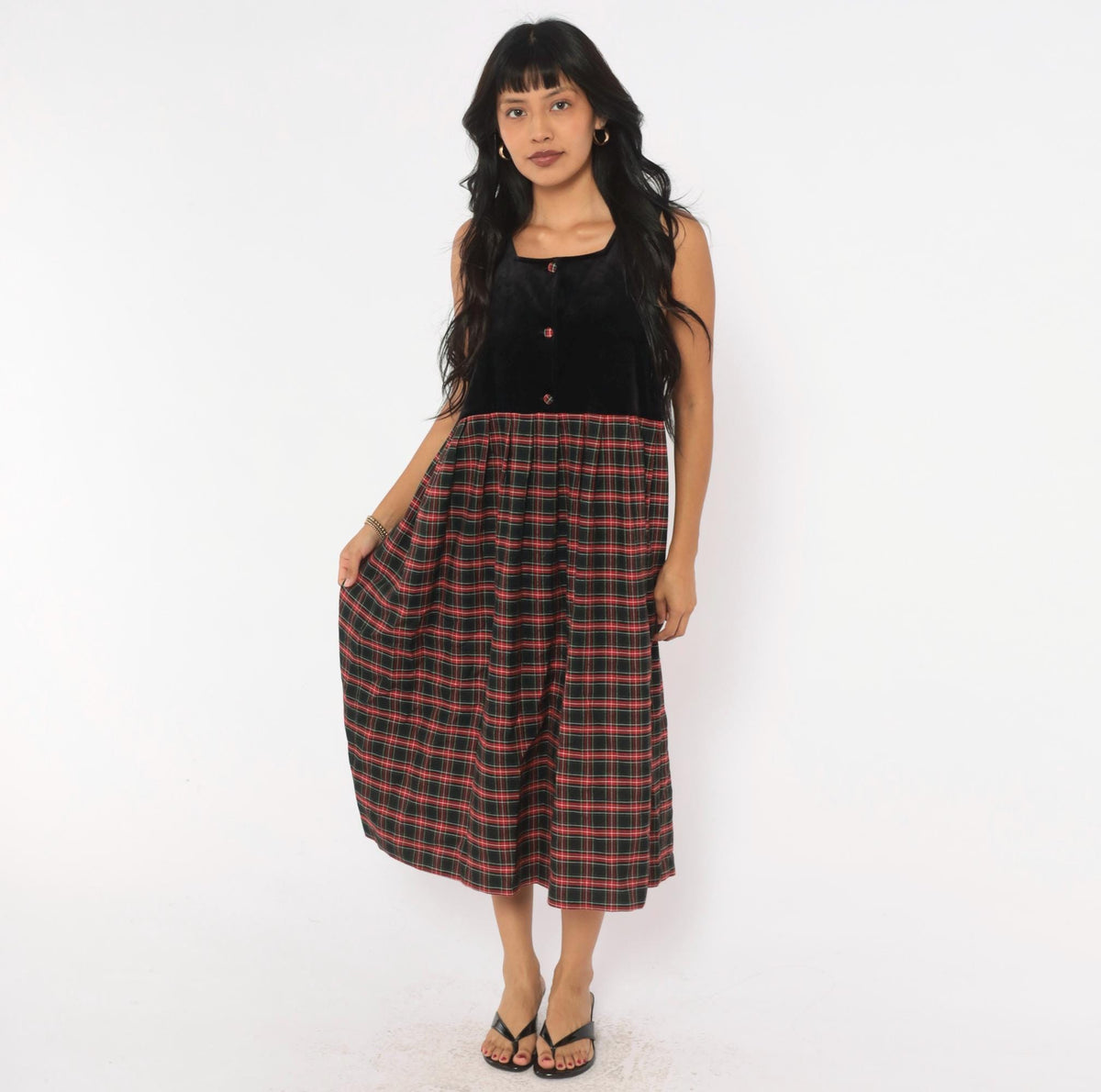 90s Pam's Closet Velvet Plaid Midi Dress Black Red Tartan Medium M
