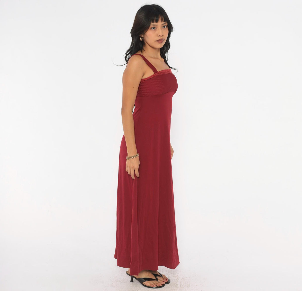 70s Burgundy Maxi Dress Empire Waist Crochet Trim Spaghetti Strap Extra Small XS