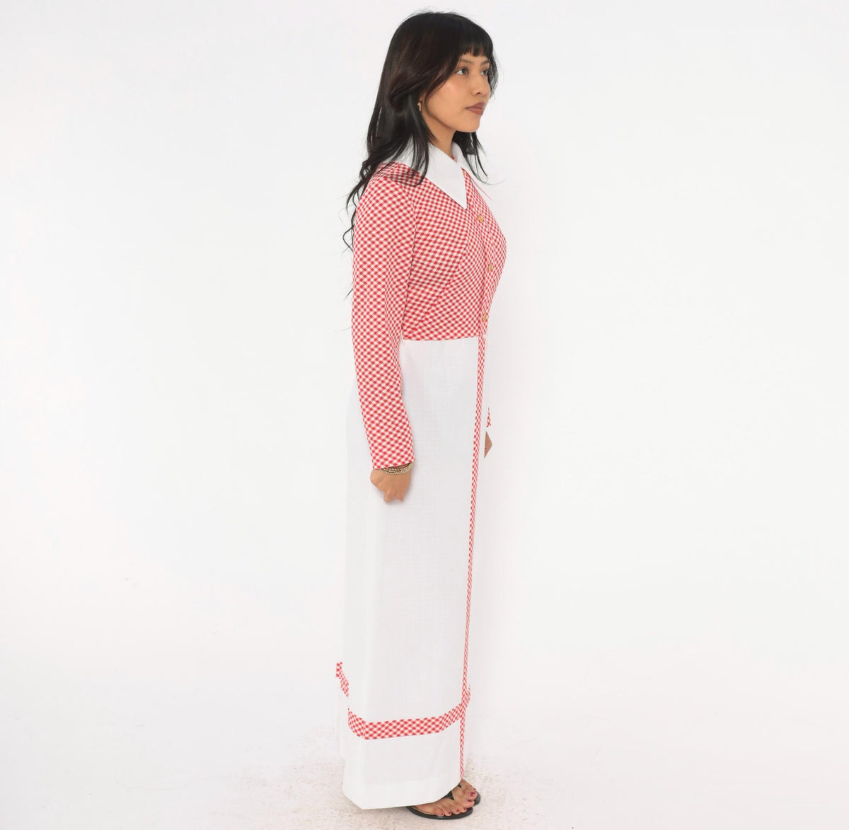 70s Miss Donna Gingham Maxi Dress Red White Check Pointed Collar Small