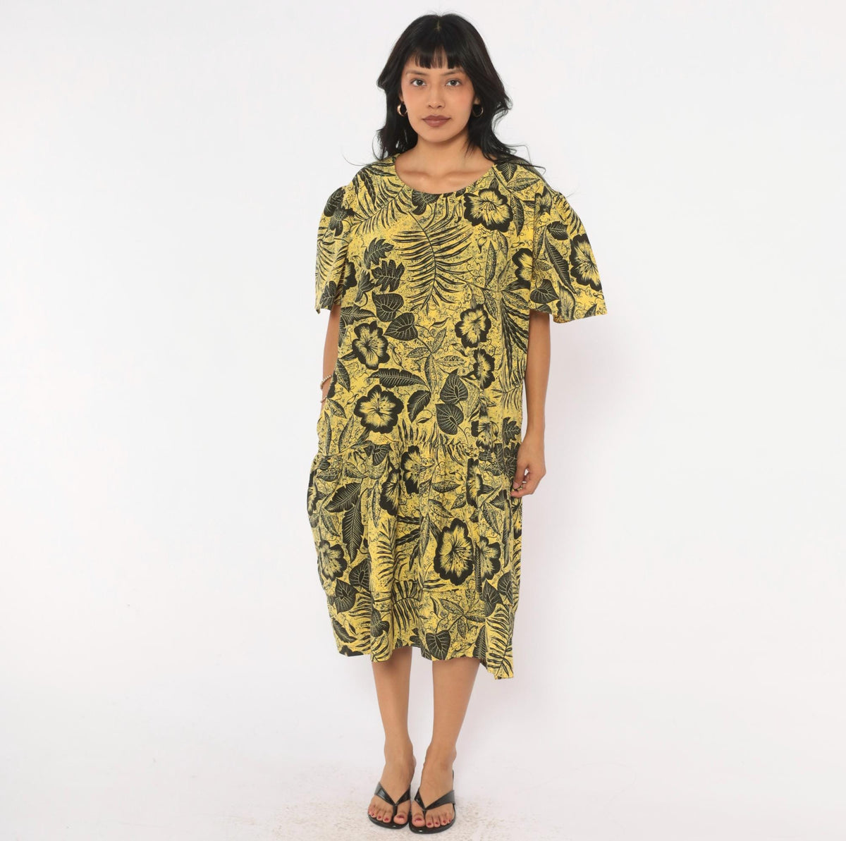 80s Yellow Black Hibiscus Tropical Floral Cotton Dress Flutter Sleeve Extra Large