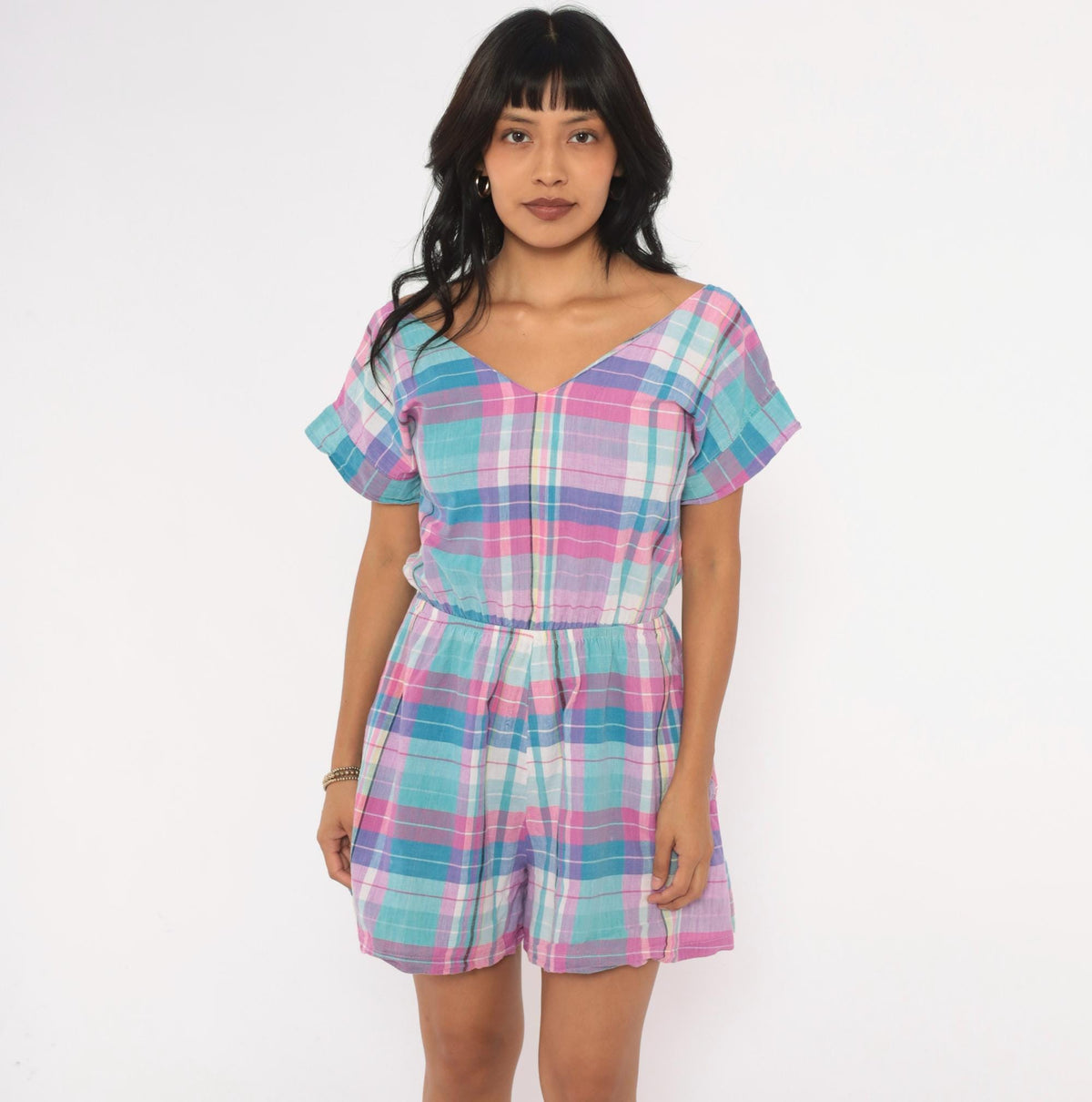 80s Hana Madras Plaid Romper Pink Blue Purple V Neck Tie Back Medium