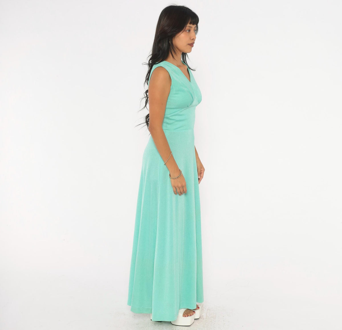 70s Mint Green Maxi Dress Sleeveless V-Neck Empire Waist A-Line Small