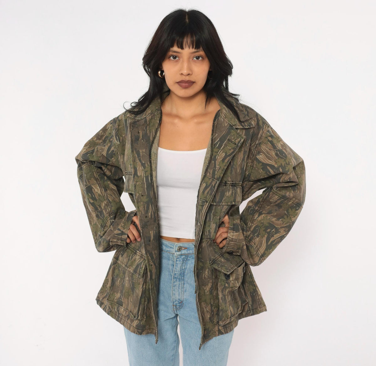 90s Camo Shirt Jacket Olive Brown Tree Leaf Print Button Front Cotton Large L