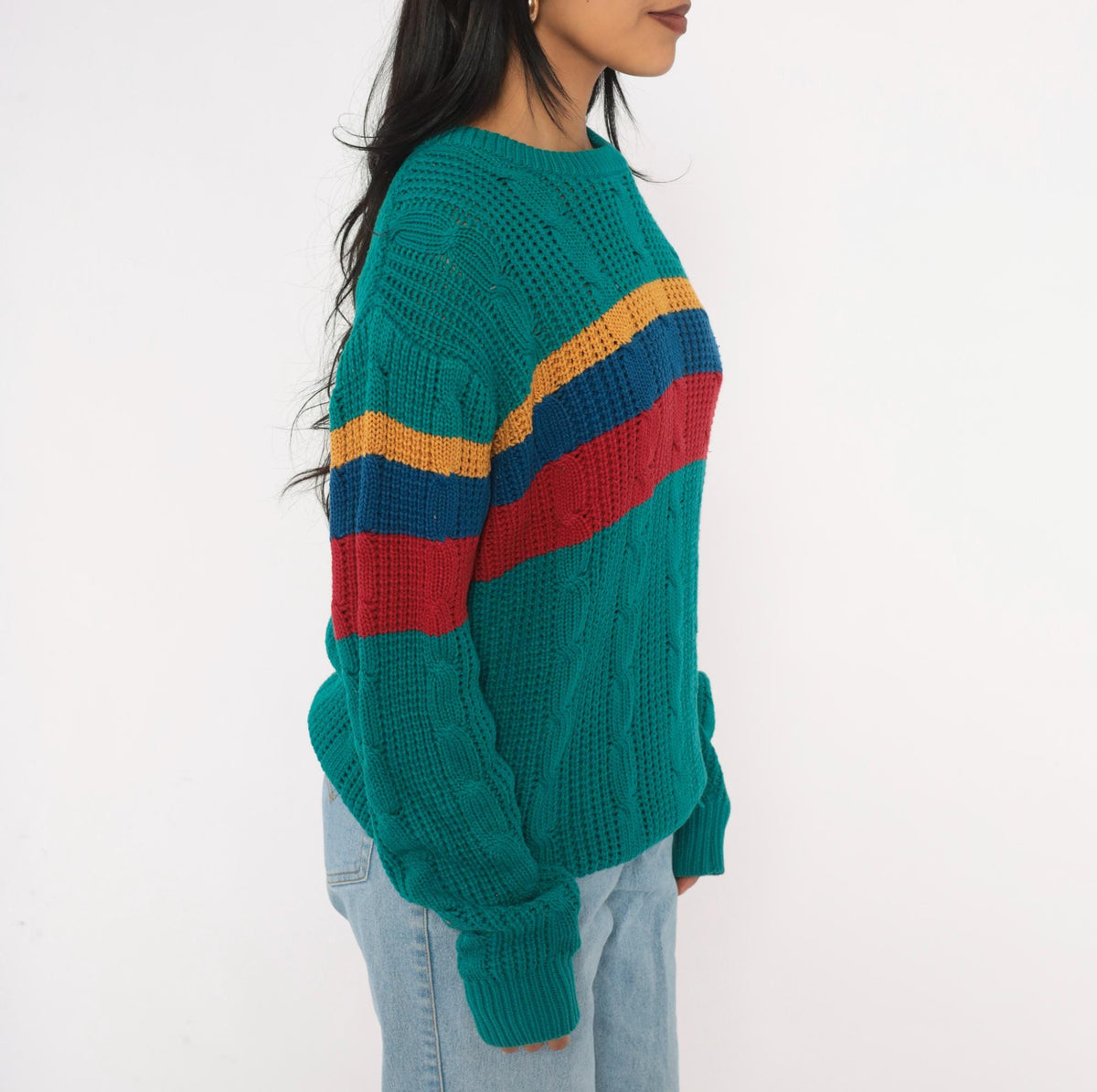 80s Teal Cable Knit Sweater Color Block Stripes Crew Neck Medium M
