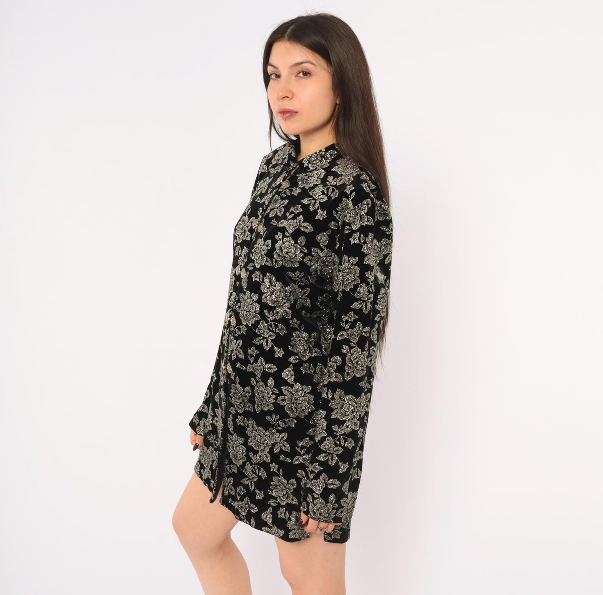 90s Black Velvet Jacket Silver Glitter Floral Mandarin Collar Large L