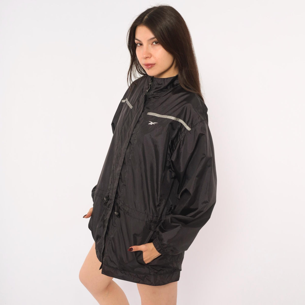 90s Reebok Windbreaker Jacket Black Grey Reflective Stripe Medium M