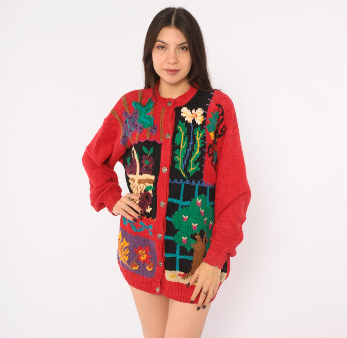 90s Hand Knit Cardigan Red Garden Scene Intarsia Floral Button Front Medium