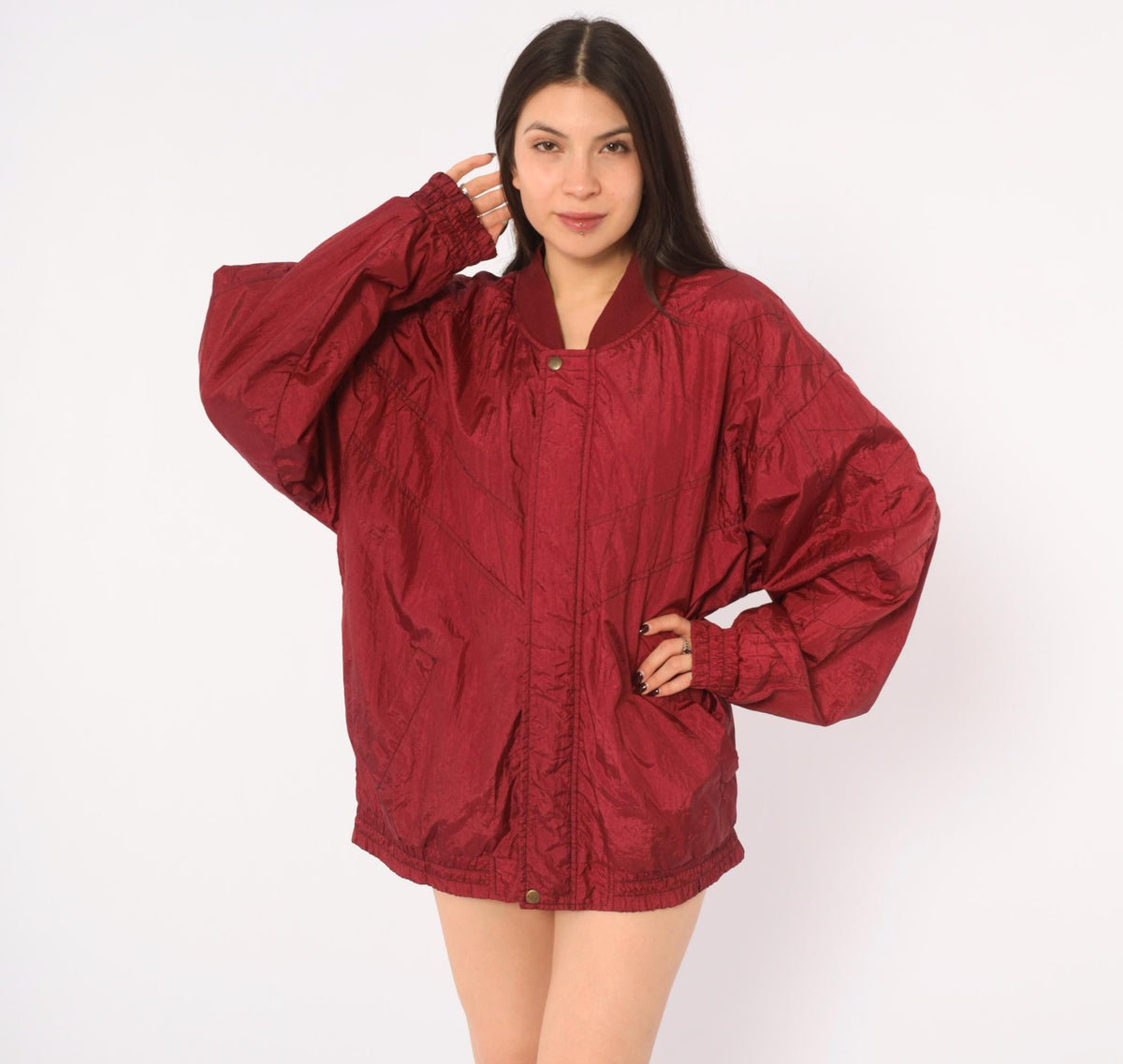 80s Burgundy Bomber Jacket Nylon Windbreaker Snap Collar Lined Large L
