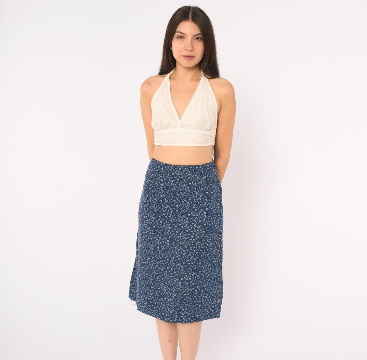 60s Navy Ditsy Floral Calico Cotton A-Line Skirt High Waist Extra Small