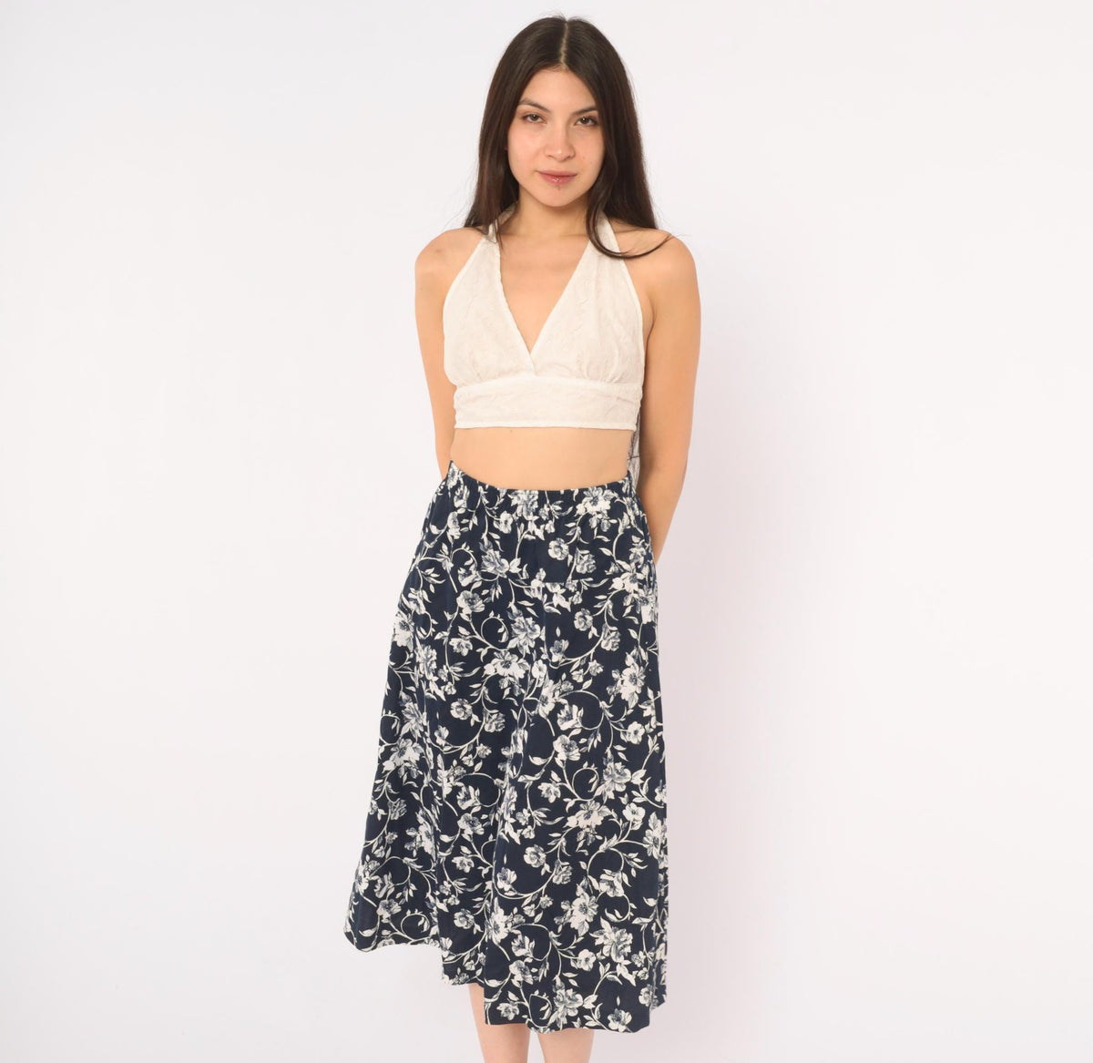 80s Season Ticket Navy Floral Midi Skirt White Flower Print Cotton Small