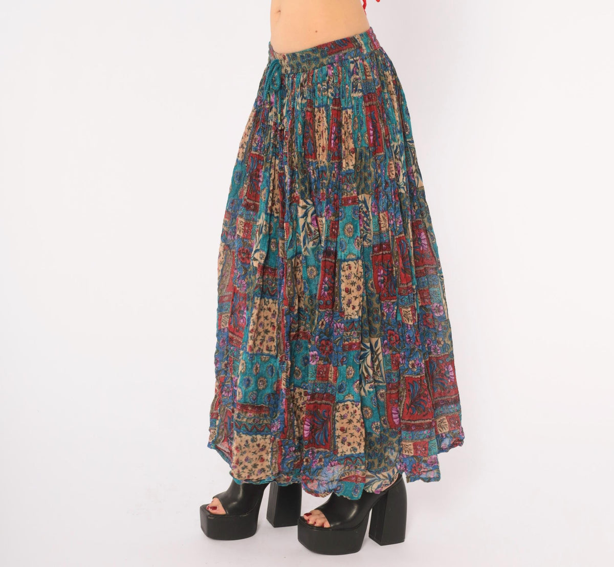 90s Alibaba Patchwork Floral Midi Skirt Drawstring Teal Blue Medium