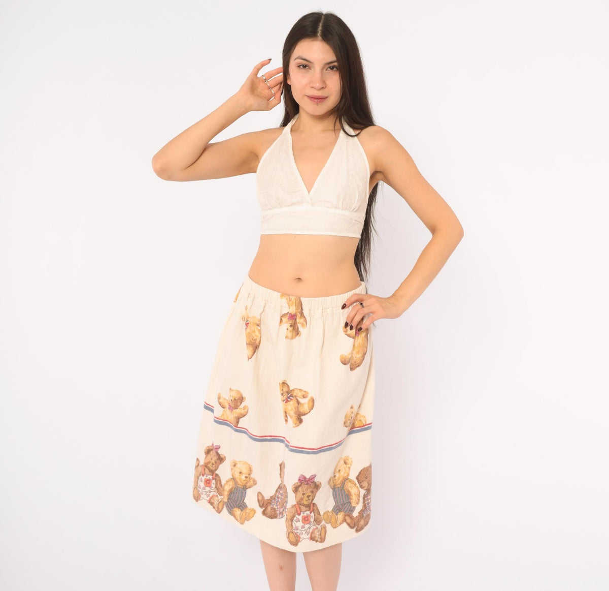 80s Teddy Bear Print Cotton Flannel Skirt Cream A-Line Medium