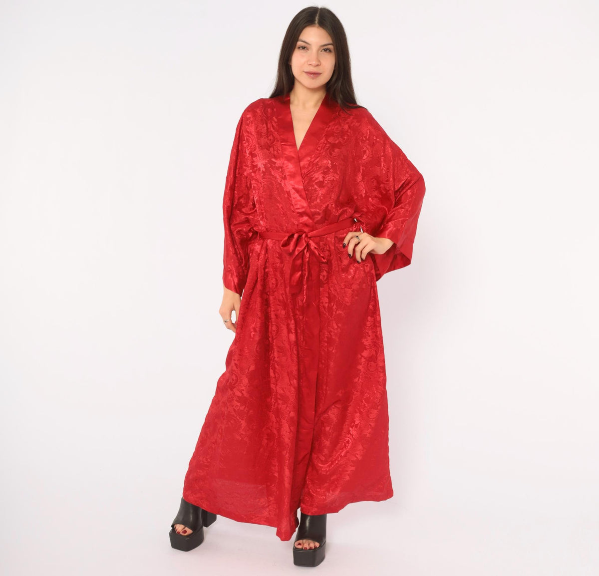 90s Contessa Di Roma Red Satin Robe Floral Jacquard Maxi Wrap Plus Size XXL