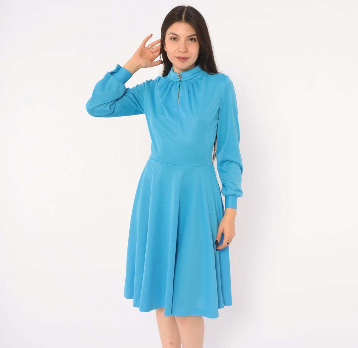 70s Sky Blue A-Line Dress Long Sleeve Keyhole Gold Buttons Small S