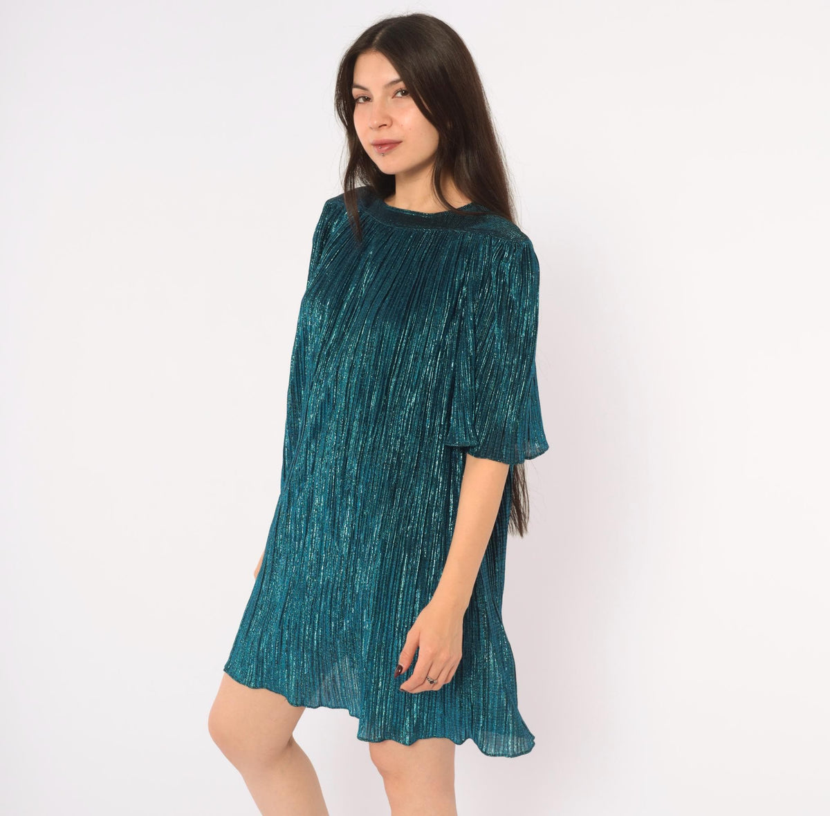 80s Risa Ann Teal Metallic Party Dress Plisse Pleated Flutter Sleeve Large