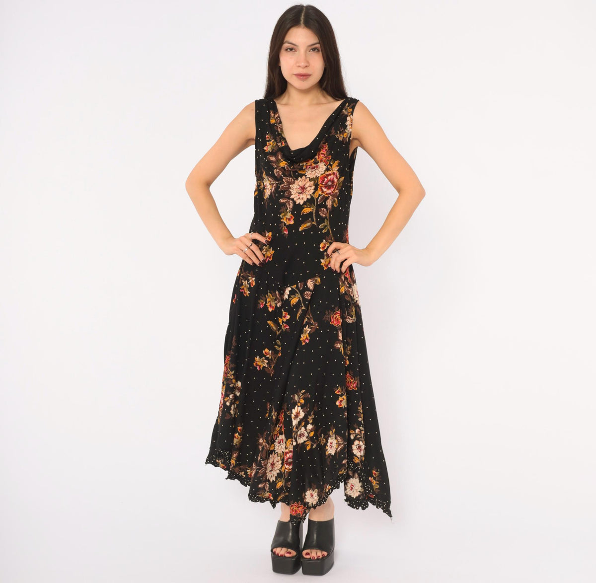 90s Black Floral Midi Dress Cowl Neck Handkerchief Hem Medium M