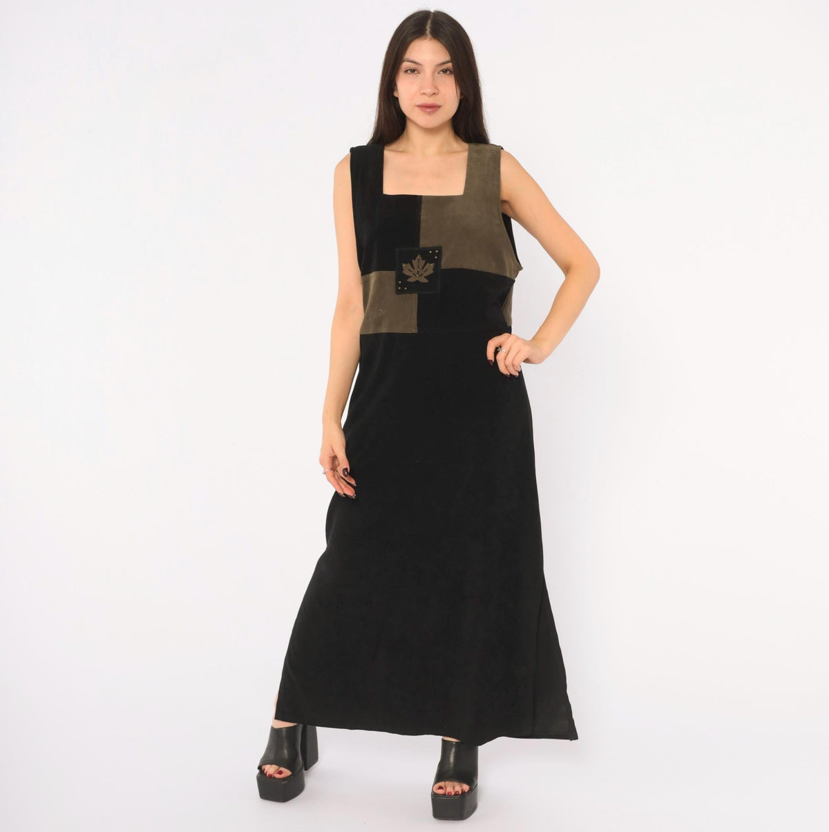 80s Jaclyn Smith Black Olive Color Block Maxi Dress Leaf Applique Extra Large XXL