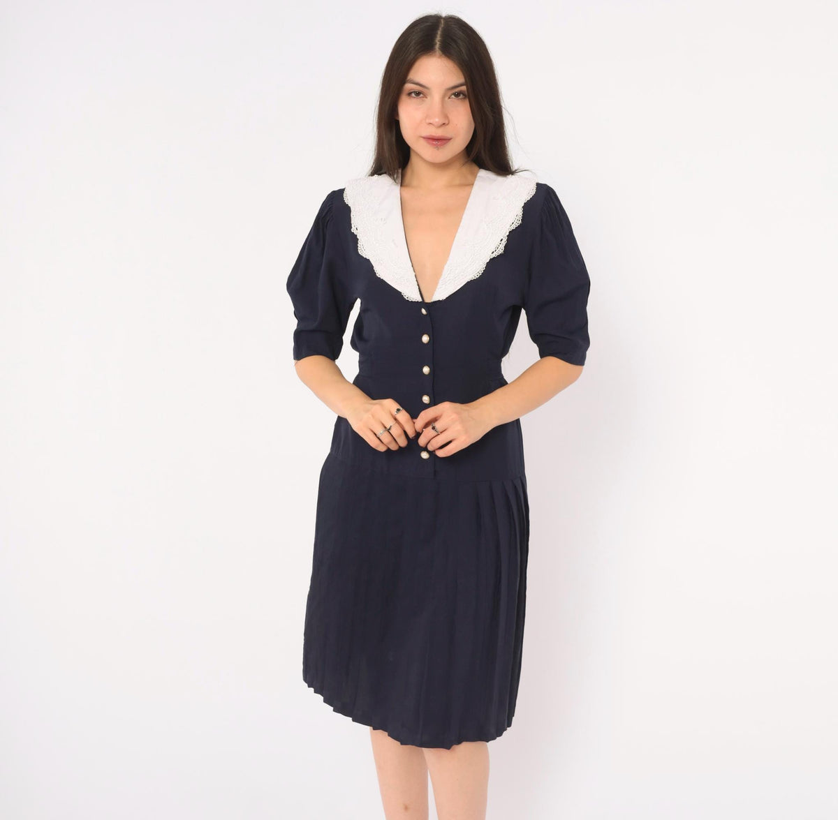 90s Navy Lace Collar Dress White Pearl Buttons Puff Sleeve Pleated Skirt Small