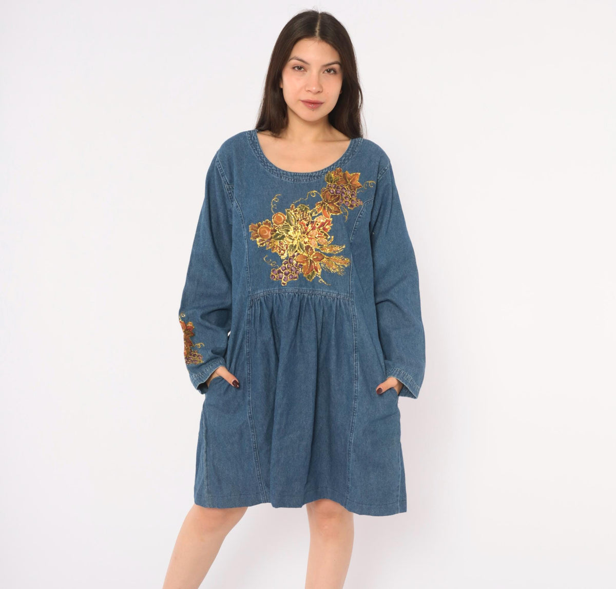 80s Sun Belt Denim Dress Hand Painted Grapes Gold Glitter Blue Cotton Large