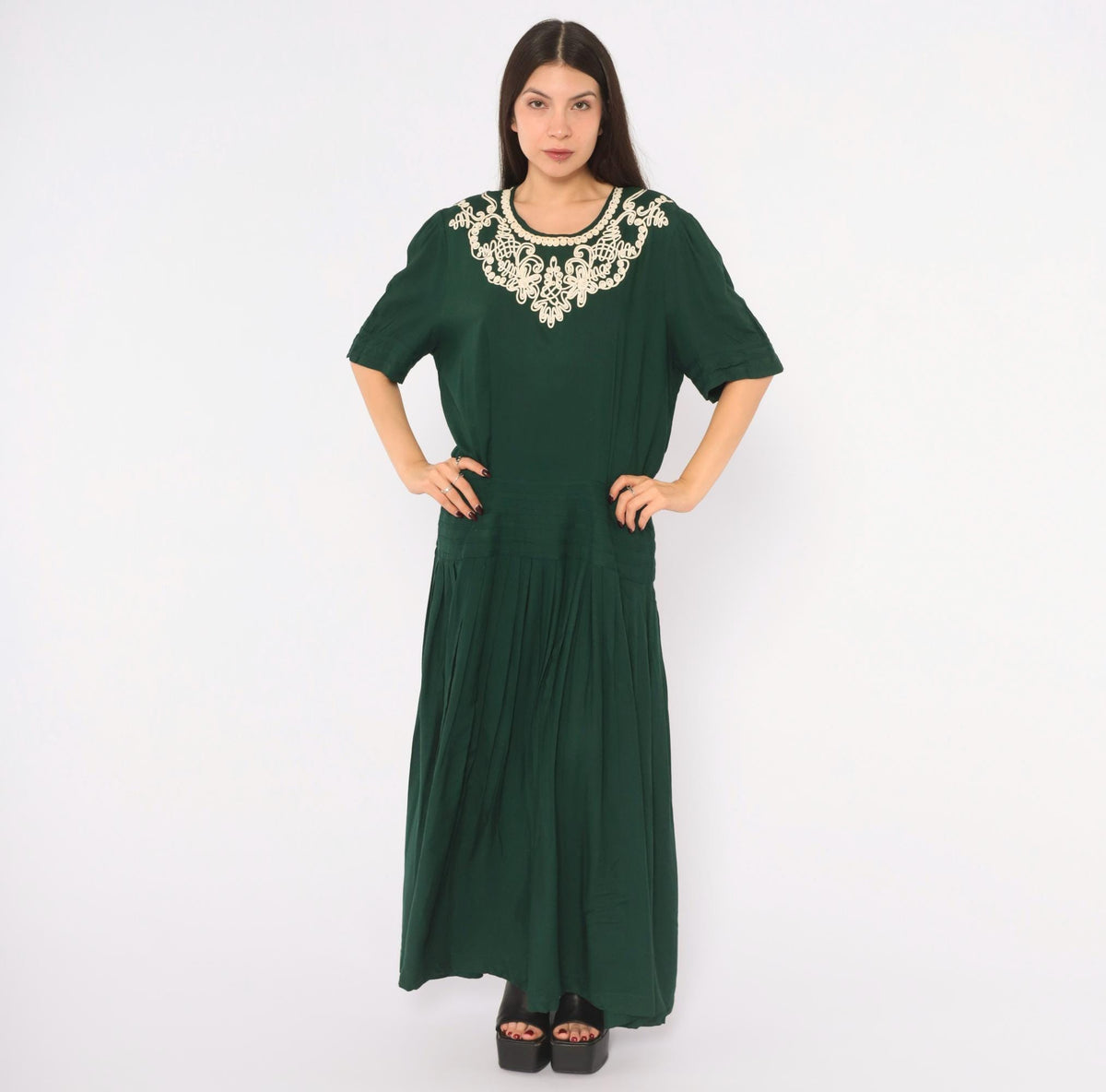 90s Plaza South Forest Green Maxi Dress Embroidered Floral Drop Waist Extra Large