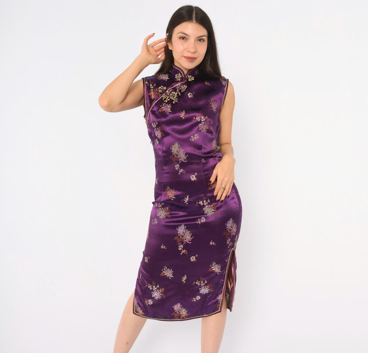 Y2K Purple Cheongsam Dress Floral Brocade Mandarin Collar Frog Button XS