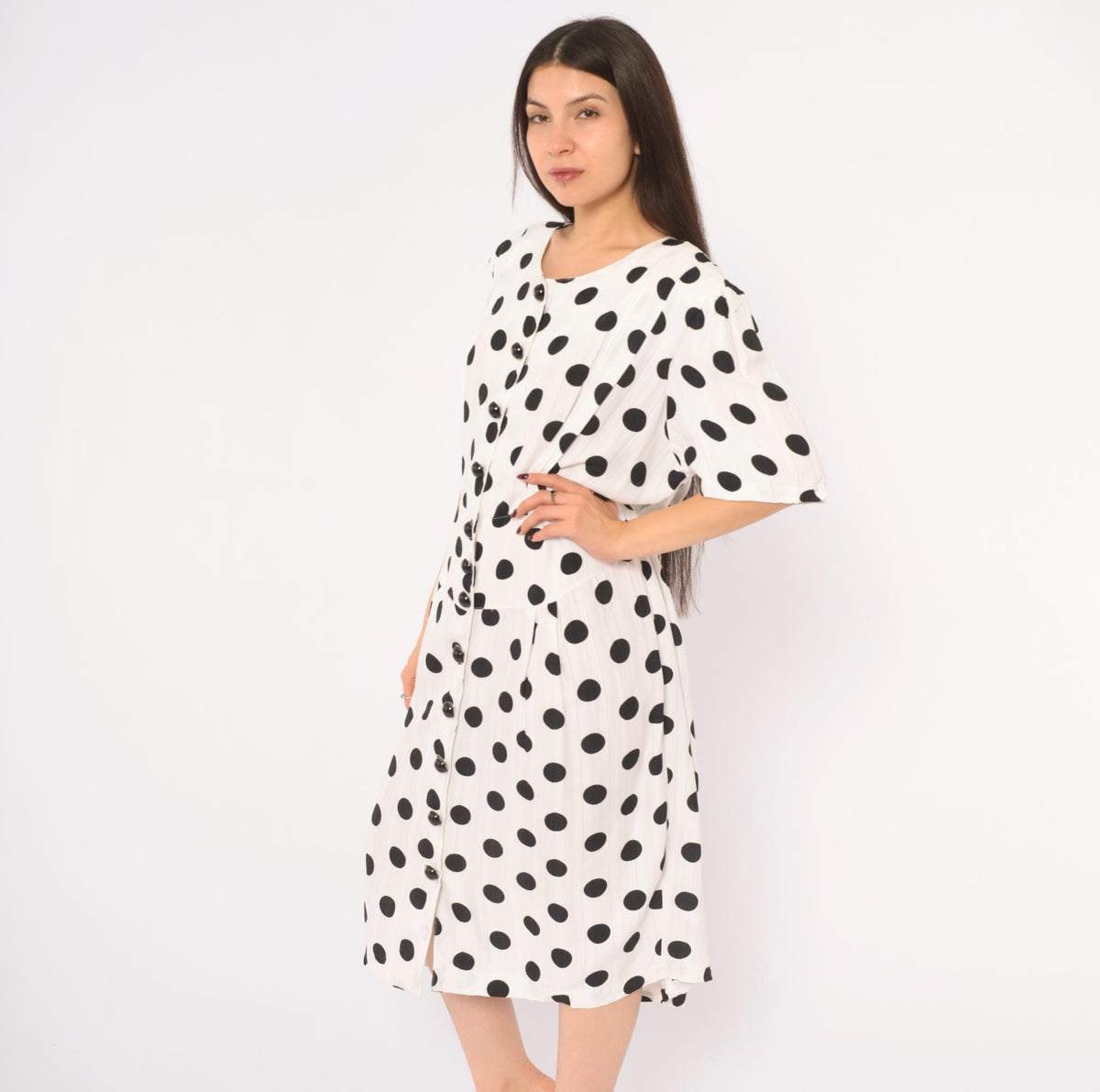 90s Success Dress Polka Dot White Black Button Front Knee Dress Extra Large