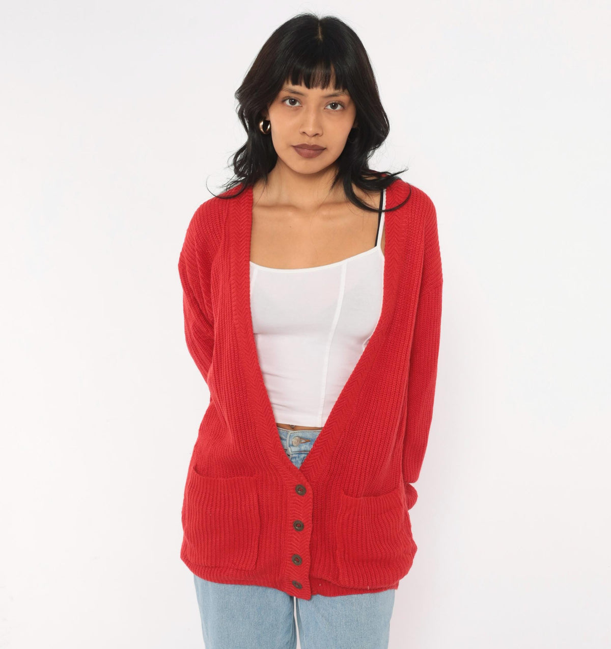 80s Steppingstones Red Chunky Knit Cardigan V-Neck Button Front Small