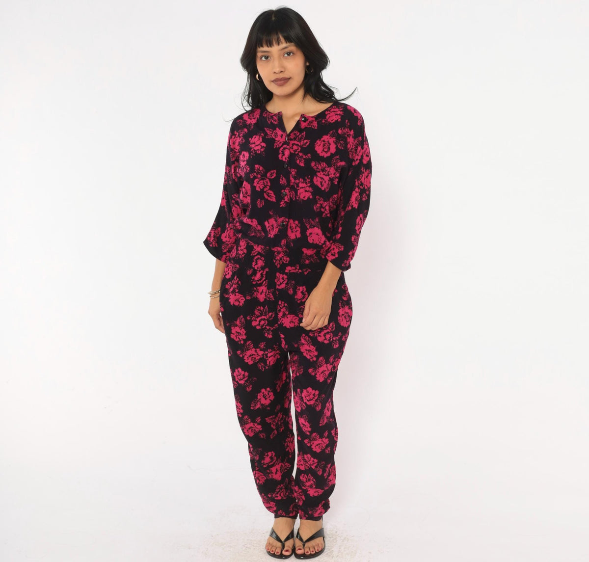 90s Joni Blair Floral Jumpsuit Black Pink Rose Button Front Dolman Medium