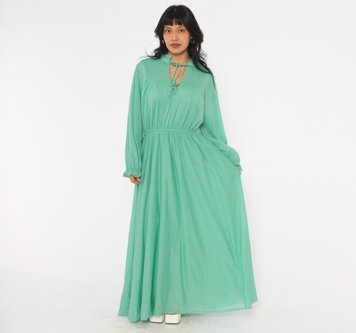 70s Sea Green Maxi Dress Balloon Sleeve Keyhole A-Line Extra Large