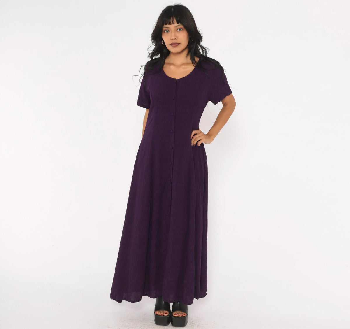 90s Dress Barn Purple Maxi Dress Button Front A-Line Short Sleeve Extra Large