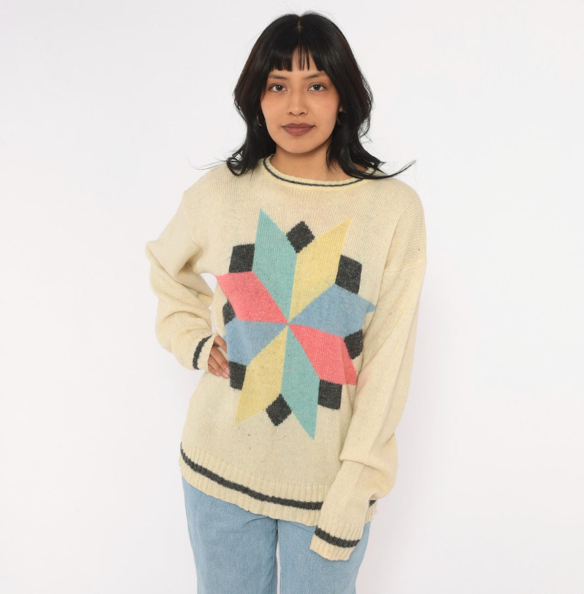 80s Cream Wool Sweater Geometric Star Pattern Knit Pink Blue Yellow Large L