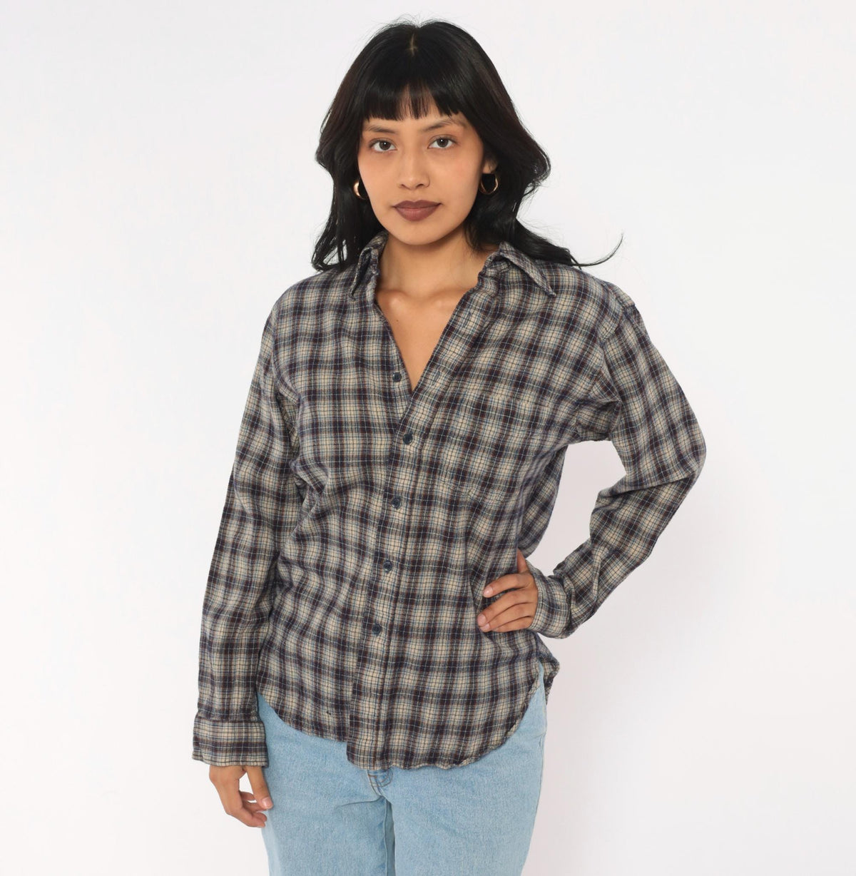 60s Sir Pendleton Wool Plaid Shirt Navy Brown Check Button Front Small