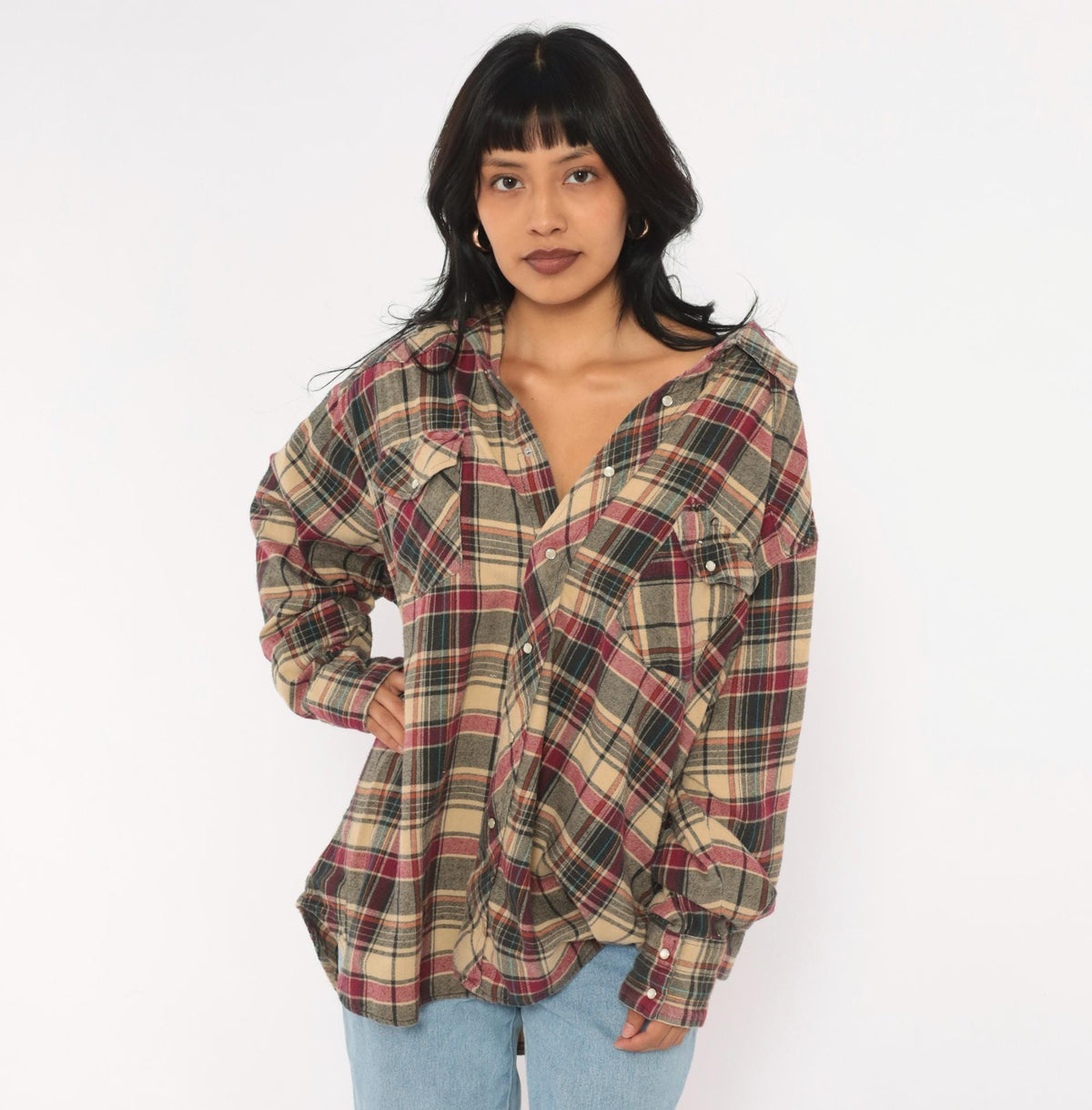 90s Plaid Flannel Shirt Tan Burgundy Pearl Snap Western Yoke Extra Large XXL