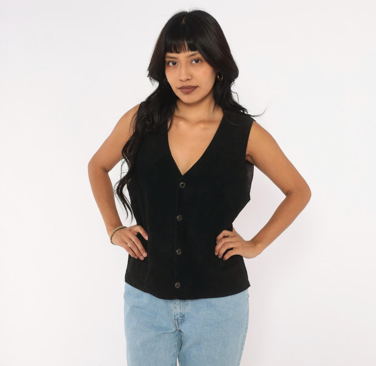90s Black Suede Vest Deep V Snap Button Western Waistcoat Medium M