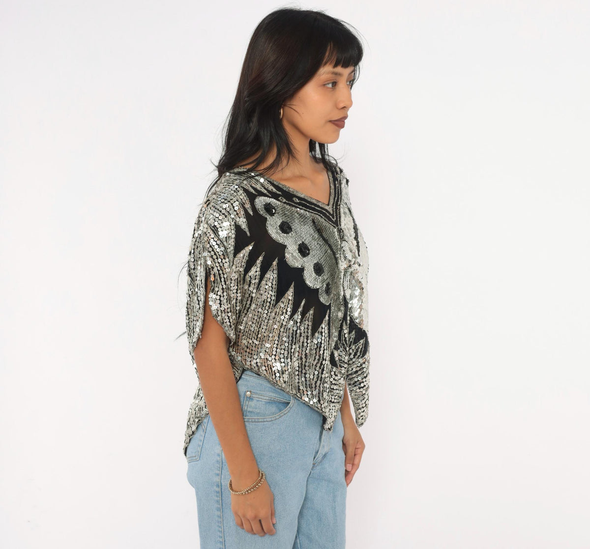 80s Silver Sequin Butterfly Silk Blouse Batwing Sleeve V Neck Medium