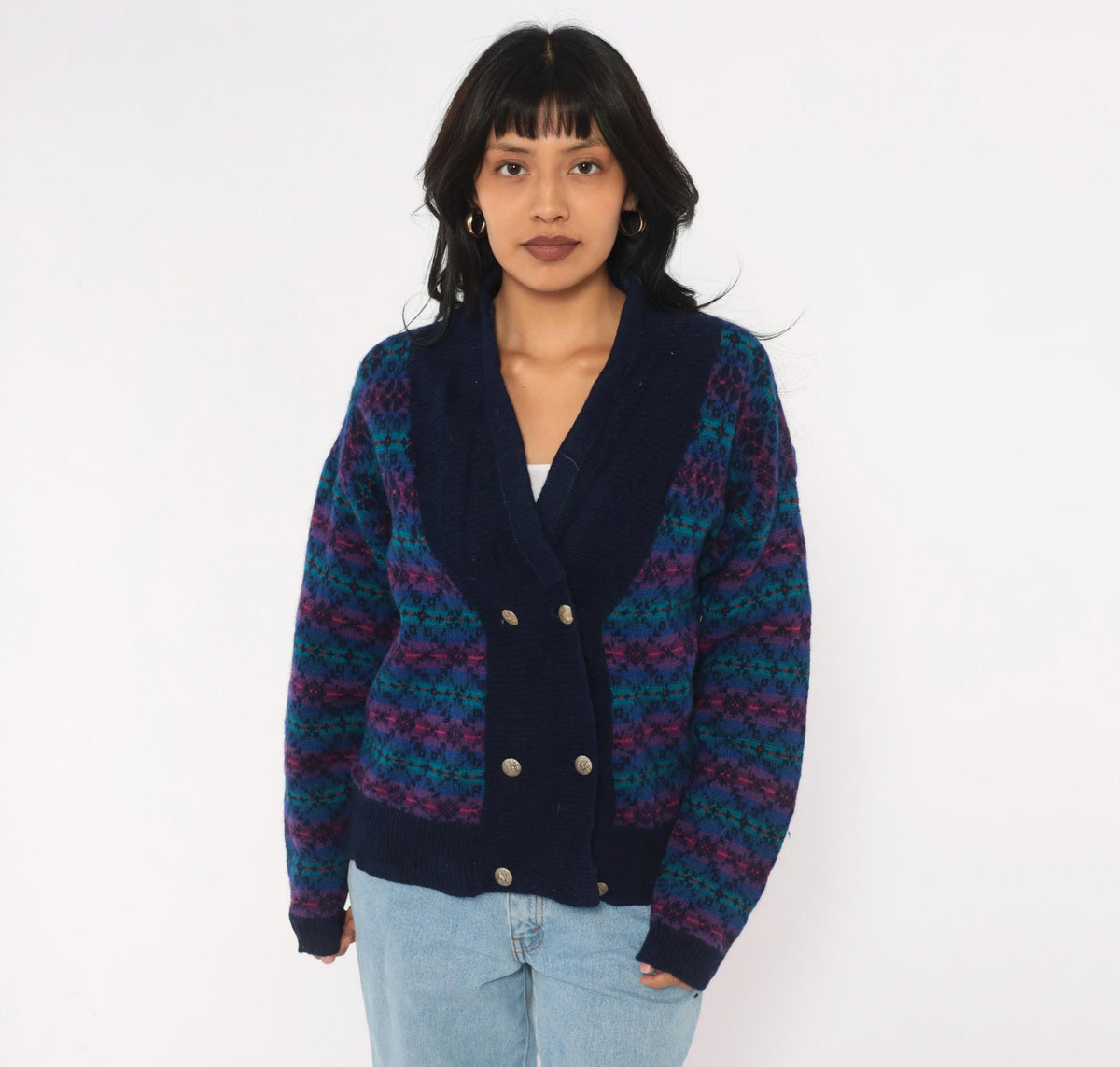 80s Fair Isle Cardigan Navy Wool Blend Shawl Collar Double Breasted Medium M