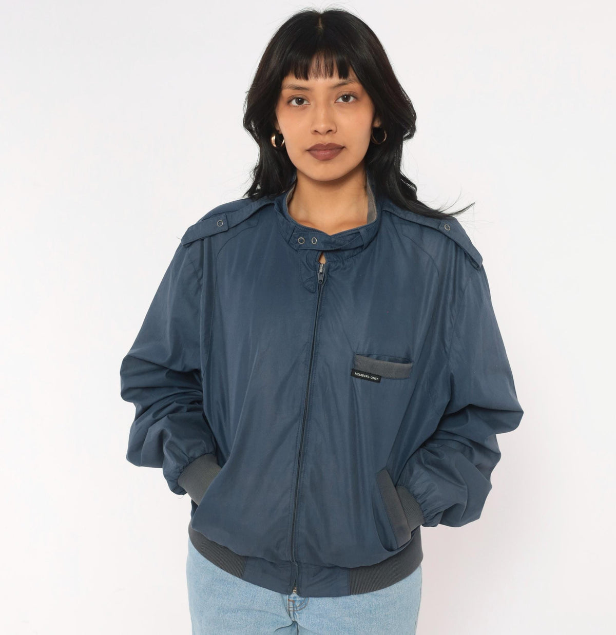 80s Members Only Bomber Jacket Navy Blue Snap Collar Grey Ribbed Trim Medium