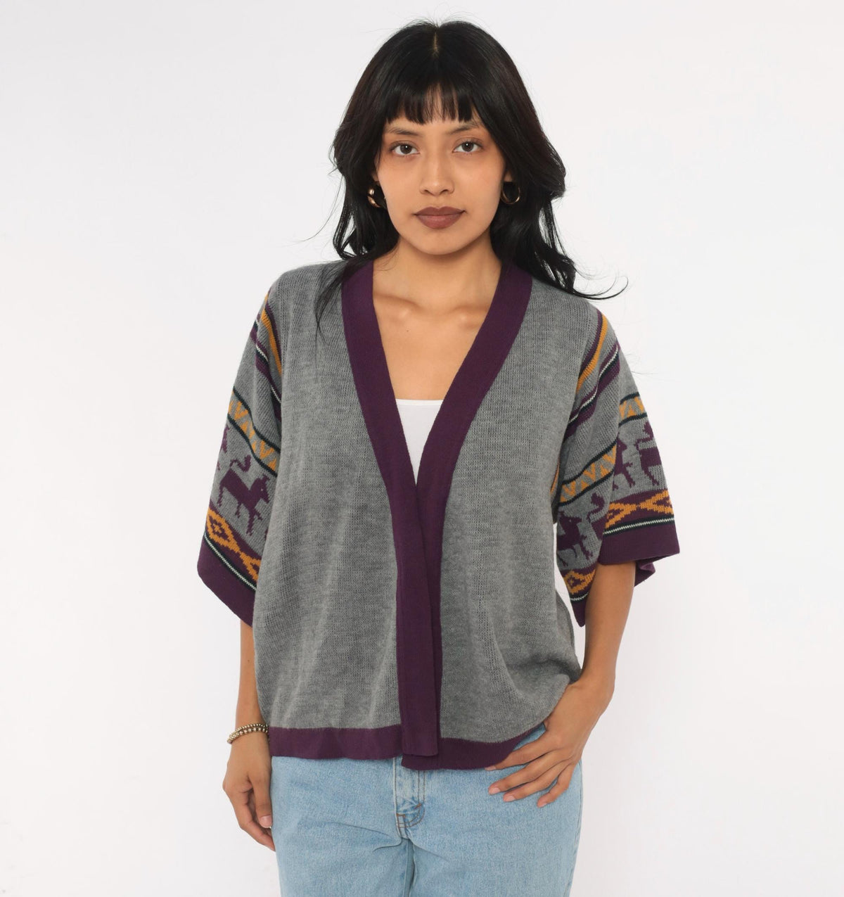 70s Southwestern Cardigan Gray Llama Alpaca Knit Kimono Sleeve Small Medium