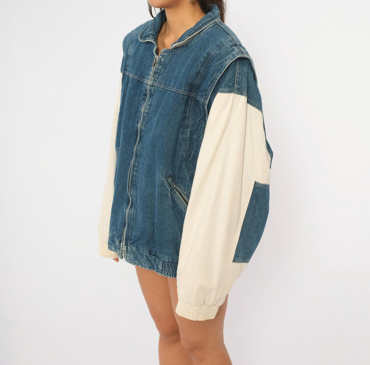 90s Dash Denim Bomber Jacket Blue Cream Color Block Dolman Large