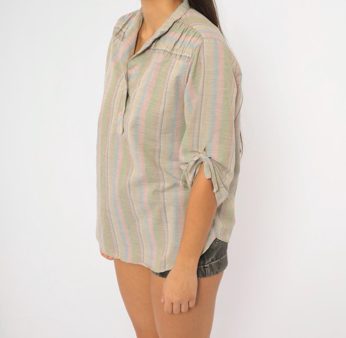 80s Caribou Pastel Striped Cotton Blouse Tie Sleeve Collared V Neck Large L